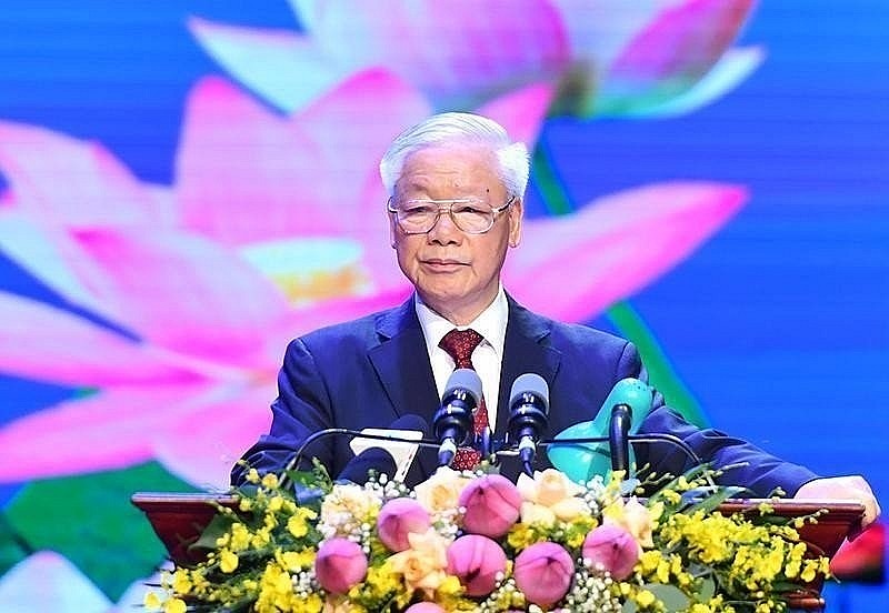 Party General Secretary Nguyen Phu Trong speaks at the Hanoi meeting on July 18 marking the 60th anniversary of Vietnam-Laos diplomatic relationship and 45 years since the signing of the bilateral treaty on amity and cooperation. (Photo: NDO/Dang Khoa)