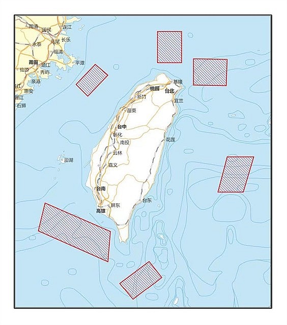 Six marked areas denote places where China's military actions are planned. — Photo from Xinhua News Agency