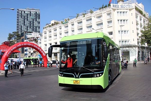 An electric bus on a trial run in HCM City. Photo: VNA