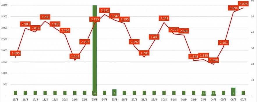 The number of COVID-19 cases in Vietnam in the past three weeks. Photo: VOV