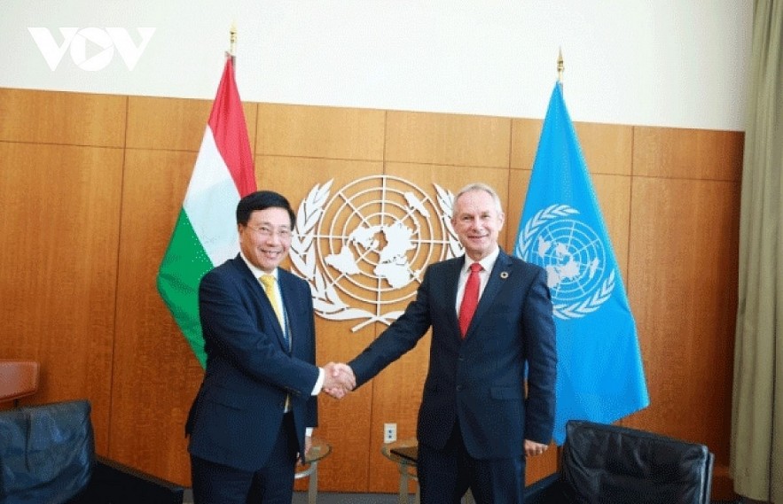 Deputy PM Pham Binh Minh (L) meets with UNGA president Csaba Korosi in New York on September 23.