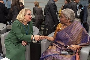 Minister for Economic Cooperation and Development of Germany Svenja Schulze, left, and Minister of Finance of India Nirmala Sitharaman shake hands during the Development Committee meeting at the 2022 annual meeting of the International Monetary Fund and the World Bank Group, in Washington. AP/PTI(
