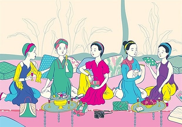 A painting by Nguyen Ngoc Vu (Rabbit Boy) inspired by Five Young Women by Mai Trung Thu. Source: VNA