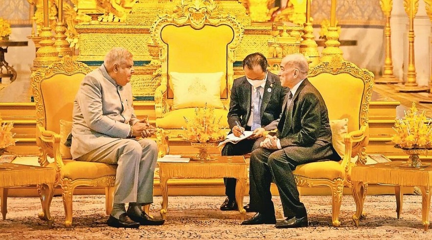 Vice President Jagdeep Dhankhar with Cambodia King Norodom Sihamoni in Phnom Penh on Saturday. PTI