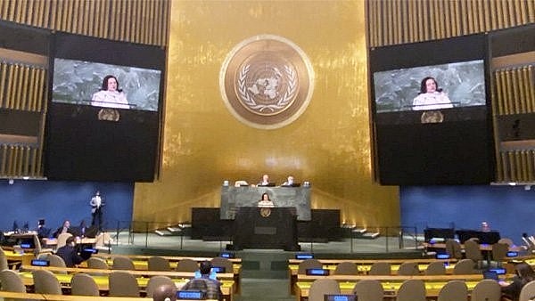 India’s Permanent Representative to the UN Ambassador Ruchira Kamboj addresses the UN General Assembly plenary meeting on behalf of G4 nations, at the United Nations. (PTI Photo)