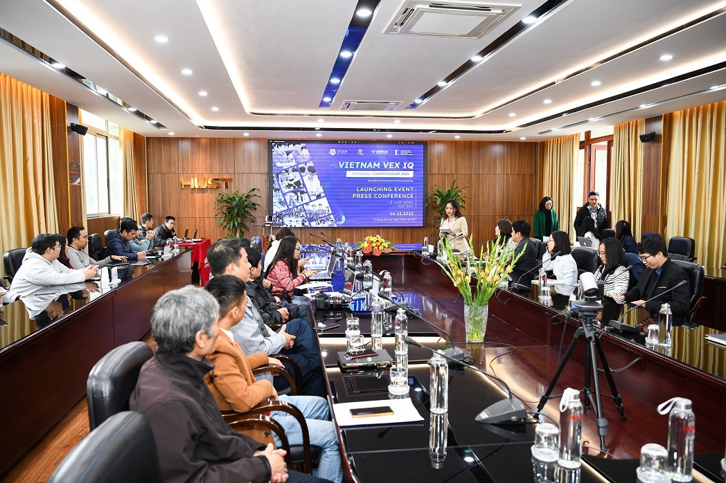 At the press conference in Hanoi.