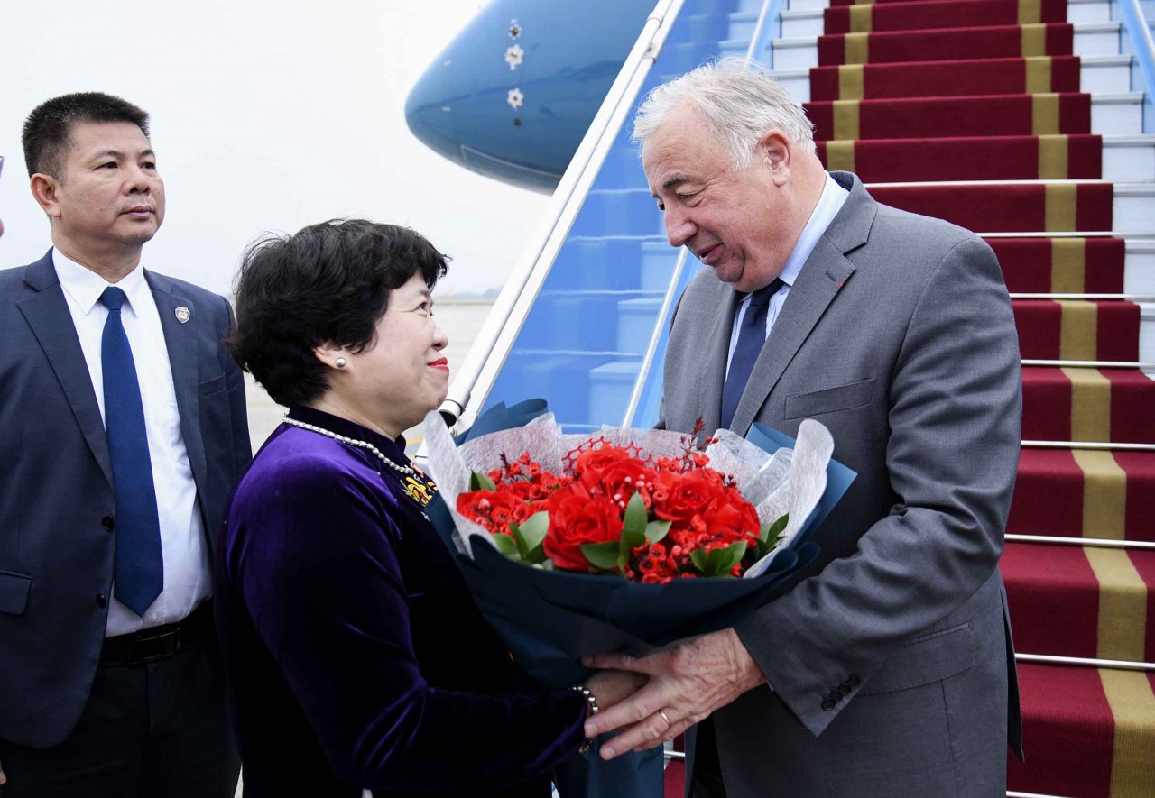 Chairwoman of the National Assembly Committee for Social Affairs Nguyen Thuy Anh welcomes President of the French Senate Gérard Larcher at Noi Bai airport.  Photo: quochoi.vn
