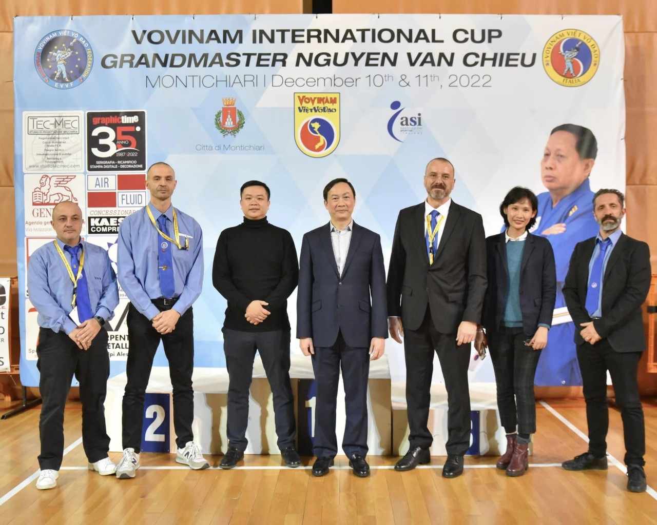 Vietnamese Ambassador to Italy Duong Hai Hung and two secretaries of the Vietnamese Embassy attend the Opening Ceremony of the International Vovinam Cup Grand Master Nguyen Van Chieu. Source: Laura Macchini/European Vovinam Viet Vo Dao Federation - EVVF