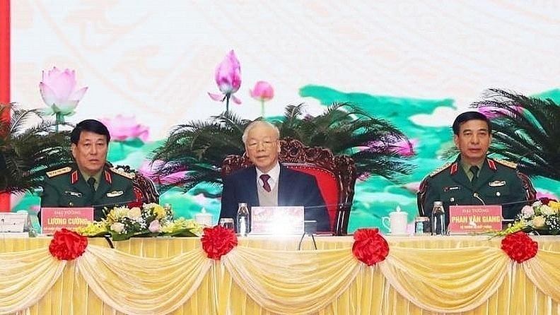 Party General Secretary Nguyen Phu Trong and leaders of the Ministry of Defence chair the conference. (Photo: VNA)