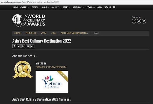 A screenshot of the World Culinary Awards website.