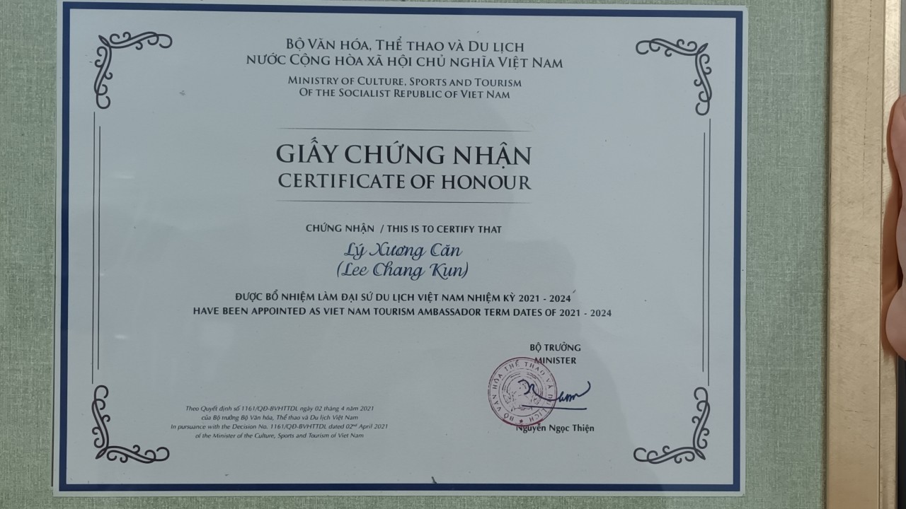 Certificate of Honor of Ly Xuong Can as Vietnam Tourism Ambassador for the term 2021-2024