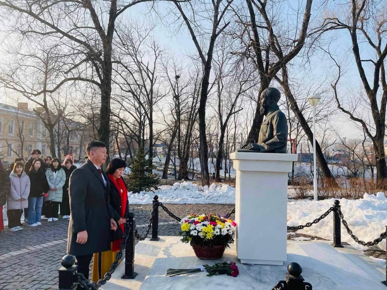 lays flowers at President Ho Chi Minh Monument in A garden on Borishenko street, the Russian city of Vladivostok, named after President Ho Chi Minh.