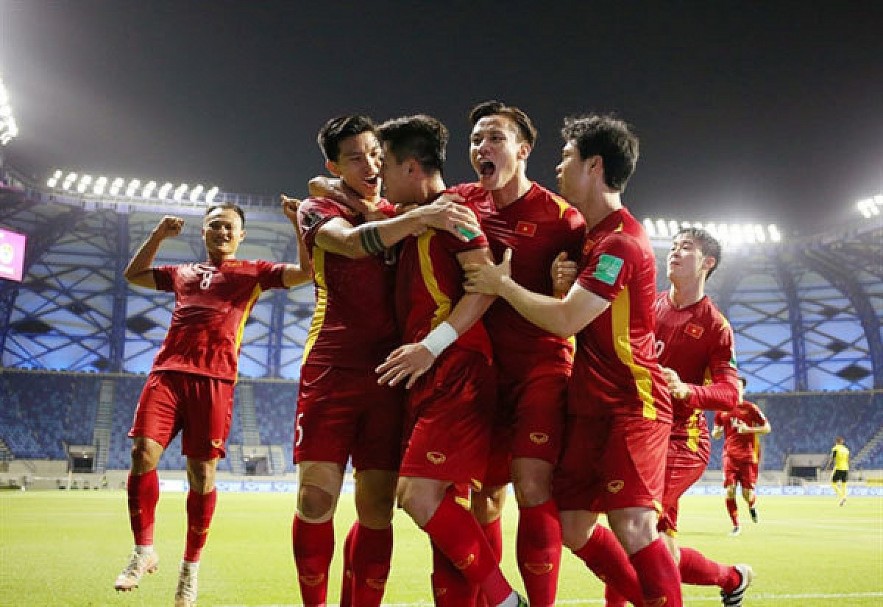Vietnamese players celebrate their goal during the 2022 World Cup second qualification Asian zone. Photo courtesy of VFF
