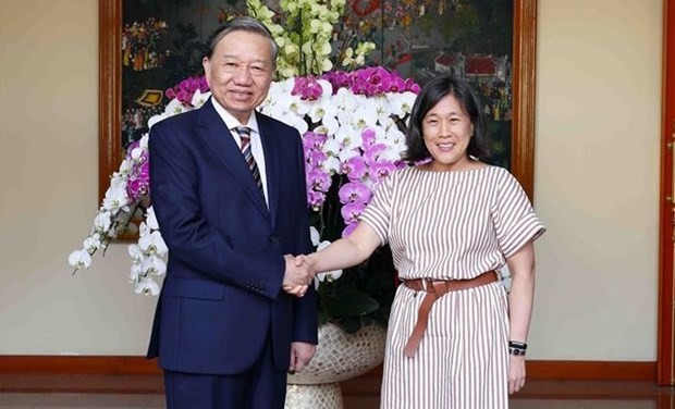 Politburo member and Minister of Public Security To Lam (L) and visiting US Trade Representative Katherine Tai at their meeting in Hanoi on February 13, 2023. Photo: VNA