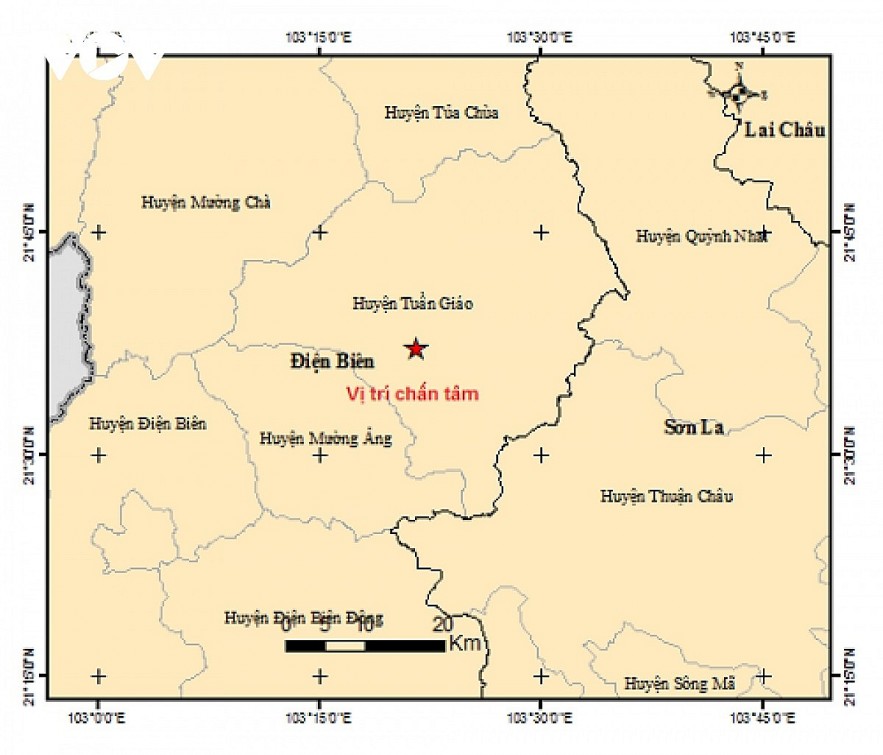A map shows the location of a magnitude 3.0 earthquake hitting the northern mountainous province of Dien Bien on March 1 evening. (Photo: Institute of Geophysics)