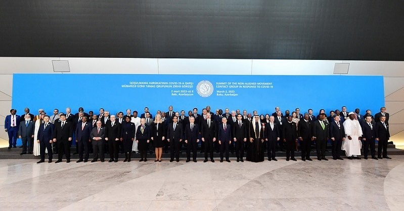 Laders, foreign ministers, and ambassadors from NAM member countries as well as representatives from international organisations, observers, and guests of Azerbaijan that is taking NAM chairmanship posed together for photographs.