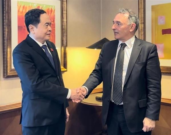 Politburo member and Permanent Vice Chairman of the National Assembly Tran Thanh Man (L) meets Secretary General of the Communist Party of Spain (PCE) Enrique Santiago in Madrid. Photo: VNA