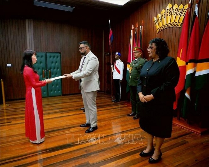 Vietnamese Ambasador Pham Kim Hoa presents the credentials to Guyana President Mohamed Irfaan Ali in capital Georgetown, on March 20. (Photo: VNA)