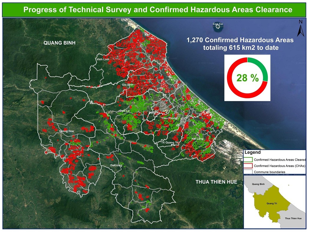 Map illustrating the progress of CHA clearance by INGOs as of 16 April 2023. Source: NPA Vietnam
