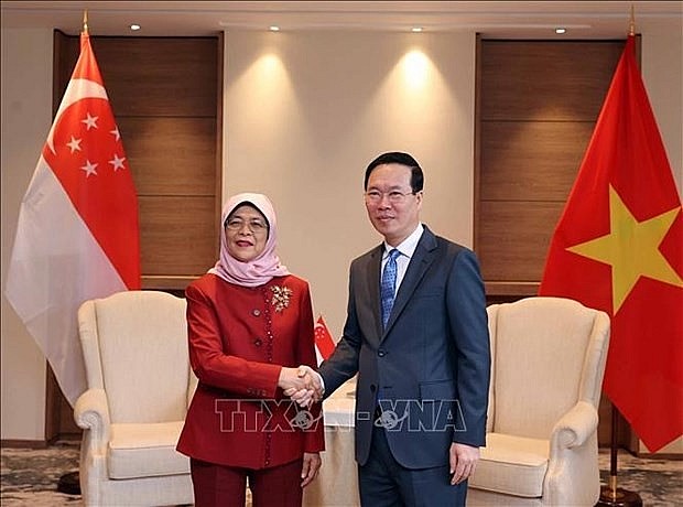 State President Vo Van Thuong (R) and Singaporean President Halimah Yacob (Photo: VNA)