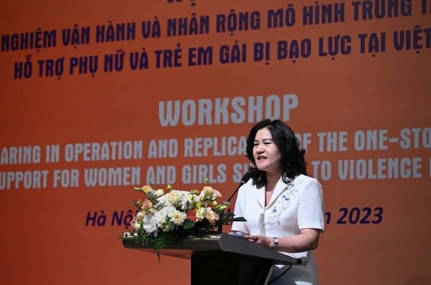 Deputy Minister of Labour, Invalids and Social Affairs Nguyen Thi Ha gives a speech at the workshop. Photo courtesy of the UNFPA