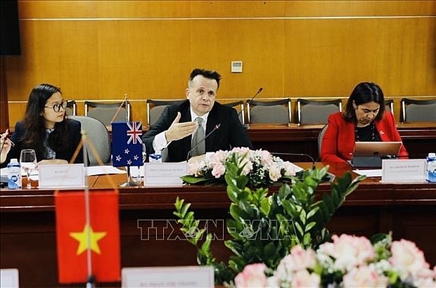 Deputy Secretary for Foreign Affairs and Trade of New Zealand Vangelis Vitalis speaks at the 8th meeting of the Vietnam-New Zealand Joint Trade and Economic Commission (JTEC). (Photo: VNA)