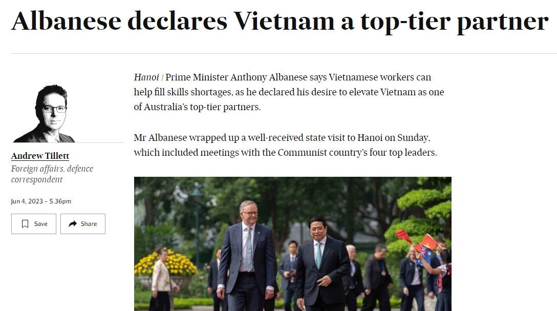 The Financial Review's correspondent also wrote a piece stressing that PM Albanese says Vietnamese workers can help fill skills shortages, as he declared his desire to elevate Vietnam as one of Australia’s top-tier partners.