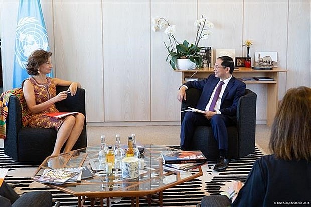 Foreign Minister Bui Thanh Son (R) meets UNESCO Director-General Audrey Azoulay in Paris on June 5 (Photo: VNA) 