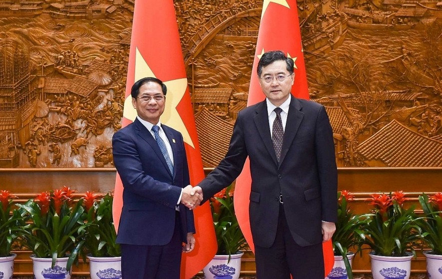Vietnamese Foreign Minister Bui Thanh Son (L) and Chinese State Councilor and Foreign Minister Qin Gang.