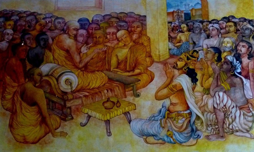 Ashoka and Moggaliputta-Tissa at the Third Council, at the Nava Jetavana, Shravasti, Uttar Pradesh