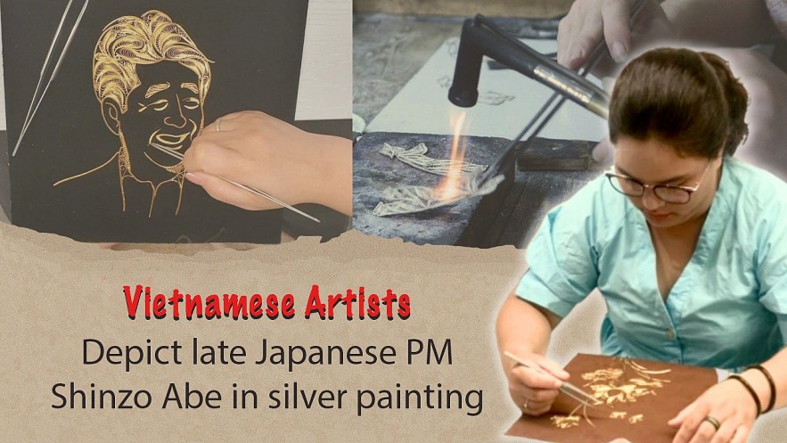 Vietnamese Artists Depict Late Japanese PM Shinzo Abe in Silver Painting