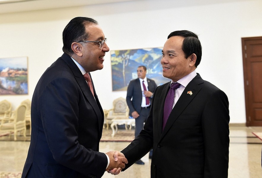Egyptian Prime Minister Mostafa Madbouly (L) shaking hands with Vietnamese Deputy Prime Minister Tran Luu Quang who is in Cairo for a working visit to Egypt. (Photo: VGP)
