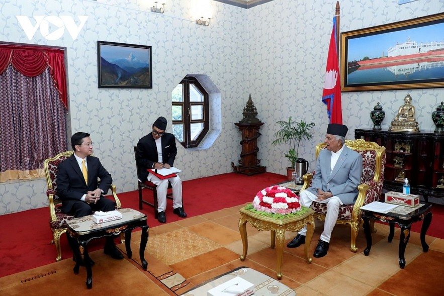 Nepalese President Ramchandra Paudel (R) receives Vietnamese ambassador Nguyen Thanh Hai in Kathmandu on August 18, following the ambassador's credentials presentation.