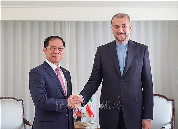 Vietnamese Minister of Foreign Affairs Bui Thanh Son (L) meets with his Iranian counterpart Hossein Amir Abdollahian. (Photo: VNA)