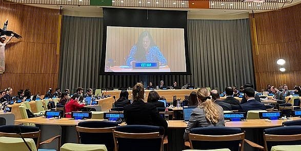 Vietnam highlights need for int’l cooperation in ensuring gender equality: Minister Counsellor Le Thi Minh Thoa, Deputy Permanent Representative of Vietnam to the United Nations (UN) addresses the event. (Photo: MOFA)