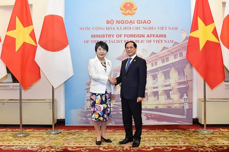 Vietnamese Foreign Minister Bui Thanh Son (R) and Japanese Foreign Minister Yoko Kamikawa shaking hands ahead of their talks in Hanoi on October 10. (Photo: baoquocte.vn)
