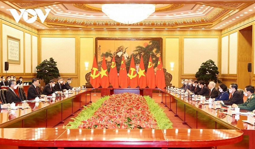 Vietnamese Party General Secretary Nguyen Phu Trong and Chinese Party General Secretary and President Xi Jinping hold talks in Beijing during the former's visit in late 2022.