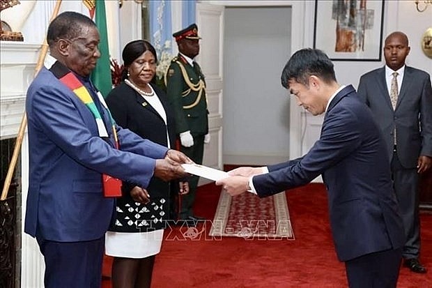 Vietnamese Ambassador to South Africa and Zimbabwe Hoang Sy Cuong (R) presents his credential letter to Zimbabwean President Emmerson Mnangagwa. (Photo: VNA)