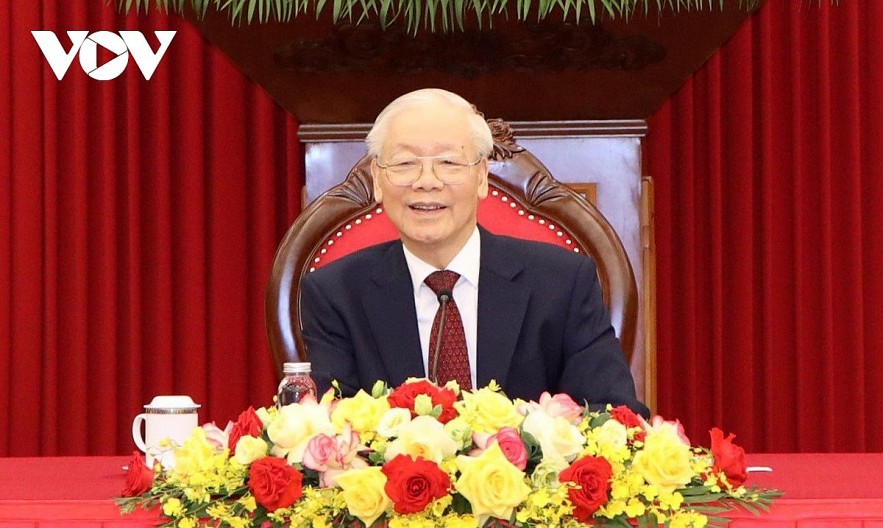 Vietnamese Party General Secretary Nguyen Phu Trong during his phone call with Russian President Vladimir Putin on March 26.