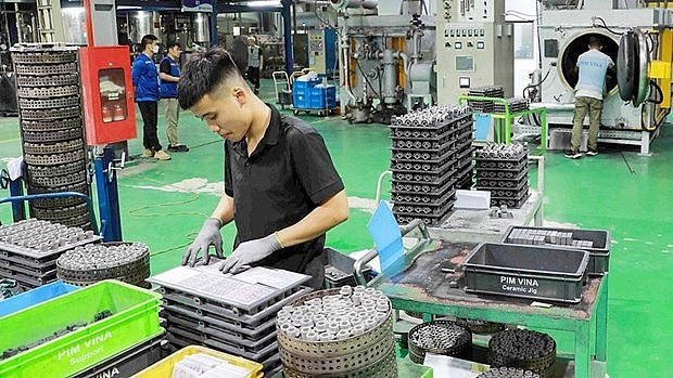 Automobile components are made at foreign-invested Pim Vina Ltd Co, Ltd in My Trung industrial park, My Loc district, Nam Dinh province. (Photo: VNA)