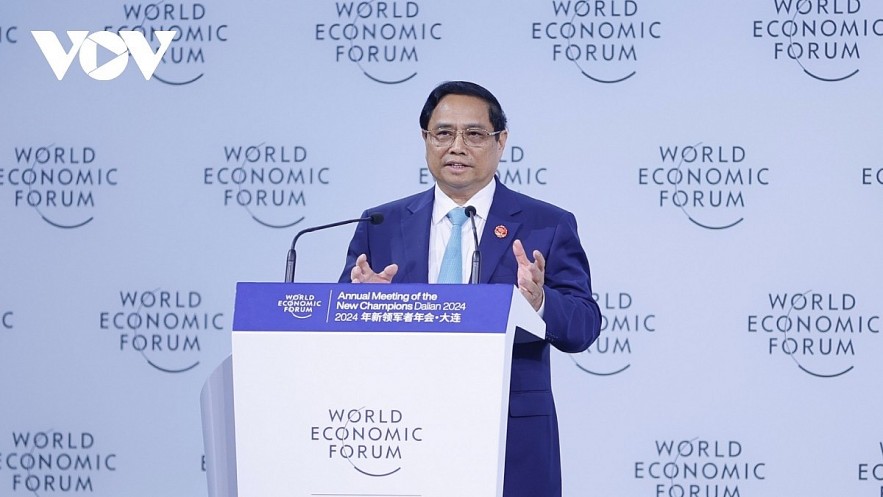 Vietnamese Prime Minister Pham Minh Chinh speaks during his exchange with startup and innovation businesses of the World Economic Forum in Dalian, China, on June 25.