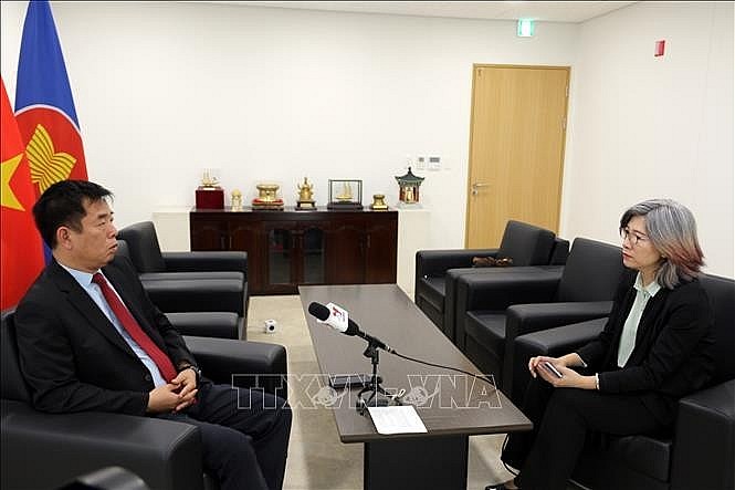 Vietnamese Ambassador to the RoK Vu Ho gave an interview. Photo: VNA