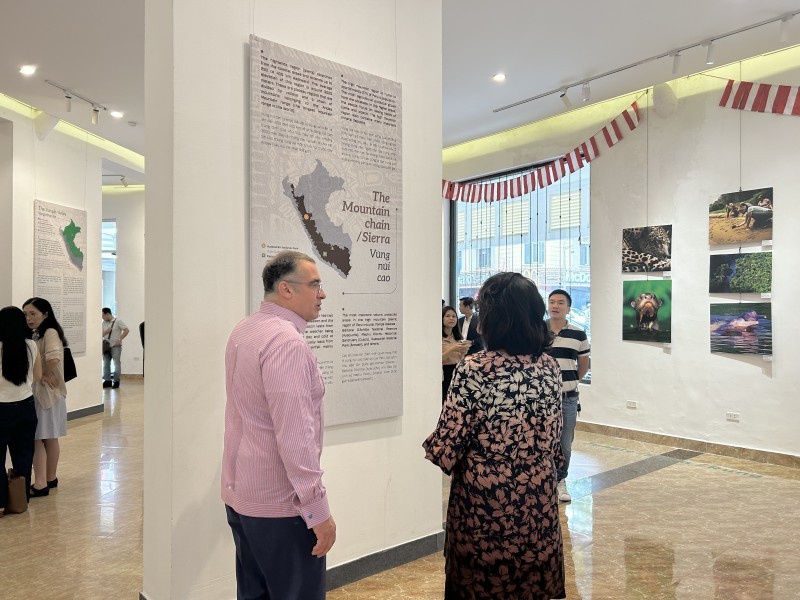 Foreigners living and working in Vietnam visit the photo exhibition. 