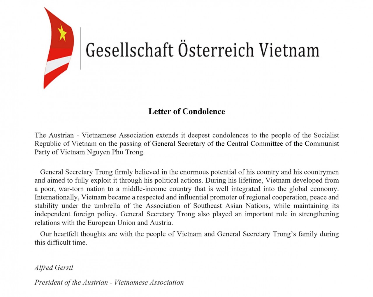 Letter of Condolence From Austrian - Vietnamese Association