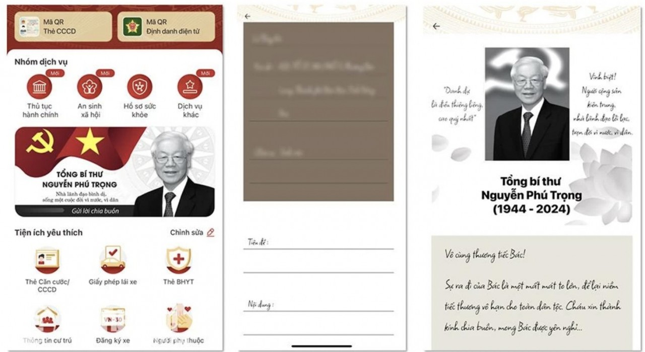 the electronic condolence book feature on the VNeID application 