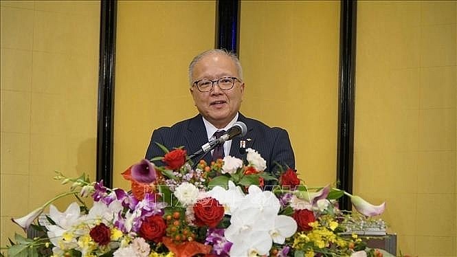 Yamaguchi Nobuhiko, the Deputy Governor of Osaka Prefecture, addresses a function marking 79 years of Vietnam's National Day in Osaka on August 30. (Photo: VNA)