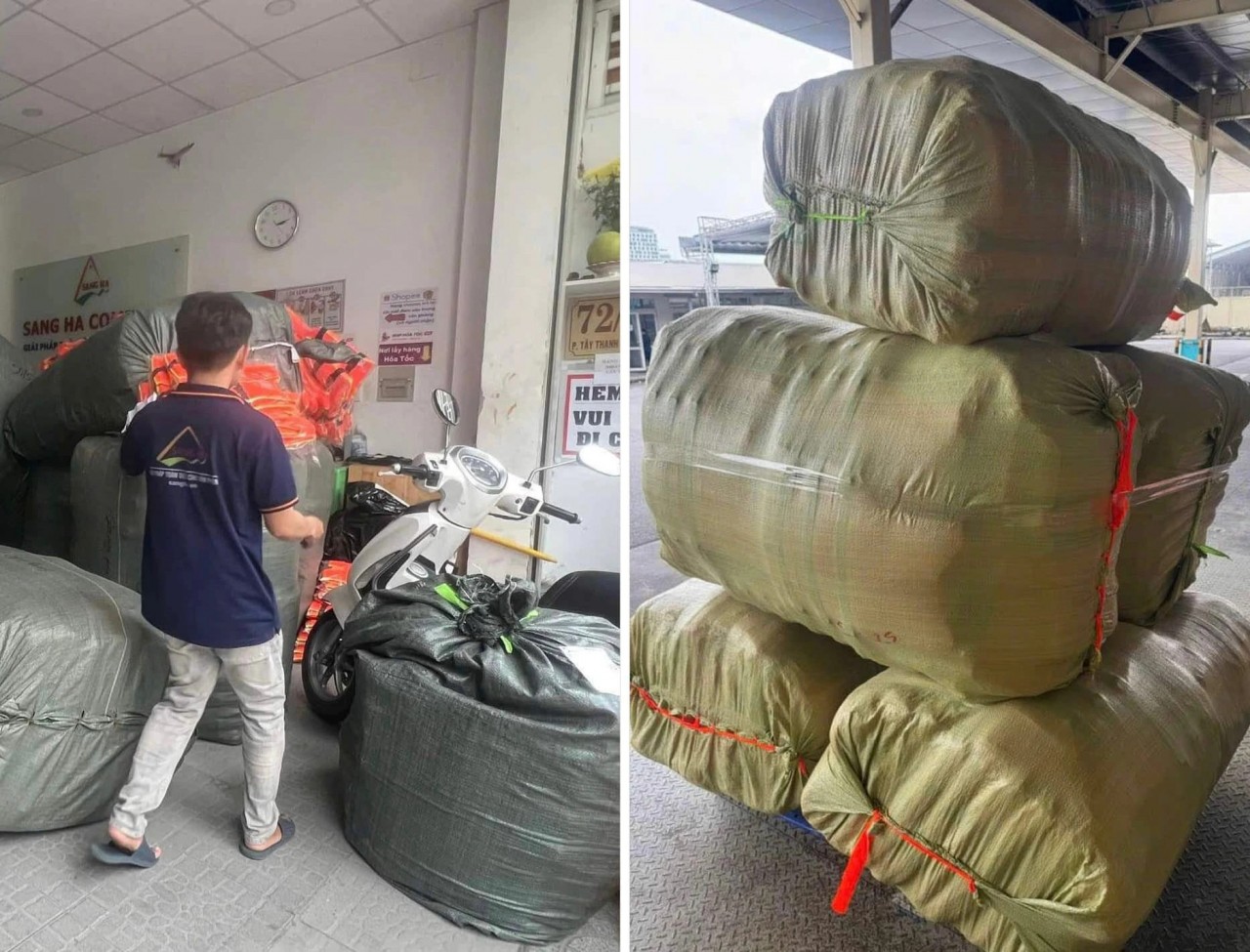 Life jackets of the Saigon Night group gathered at the air cargo port to send to the north on the afternoon of September 10. (Photo: Thanh Nien)