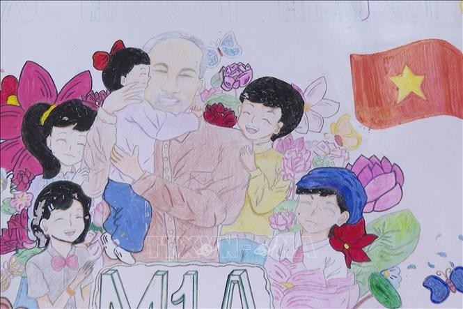 A portrait of President Ho Chi Minh with children, drawn by students at the Nguyen Du Lao-Vietnamese bilingual school. (Photo: Do Ba Thanh/VNA)