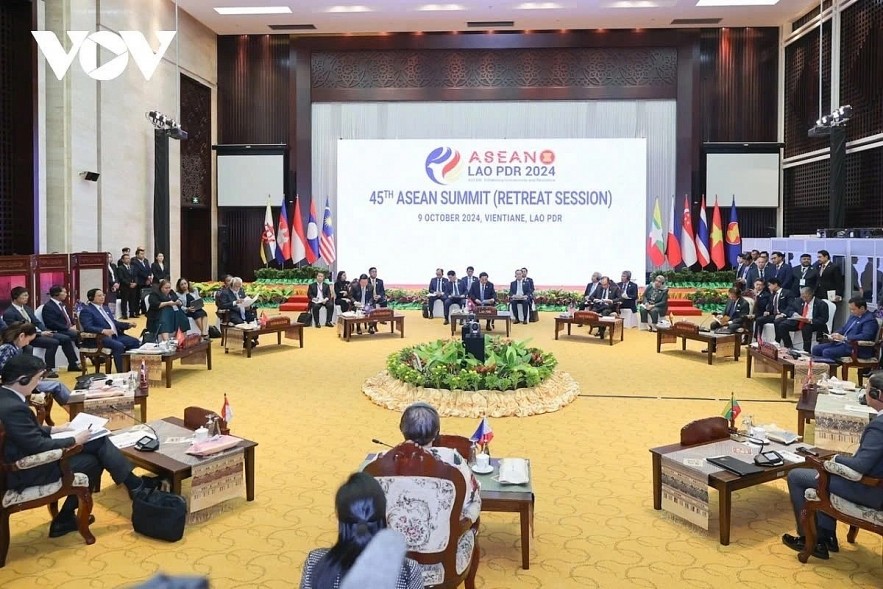 ASEAN leaders attend the 45th ASEAN Summit (Retreat session) in Vientiane, Laos, on October 9.