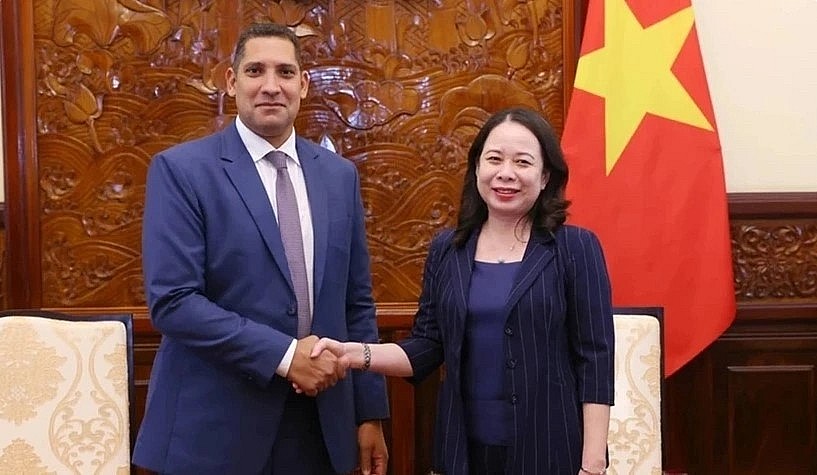 Vice President Vo Thi Anh Xuan (R) and Swedish Ambassador to Vietnam Johan Ndisi.